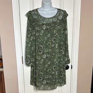 Time and Tru Women's Pullover Lined Olive Floral Long Sleeve Dress Size L